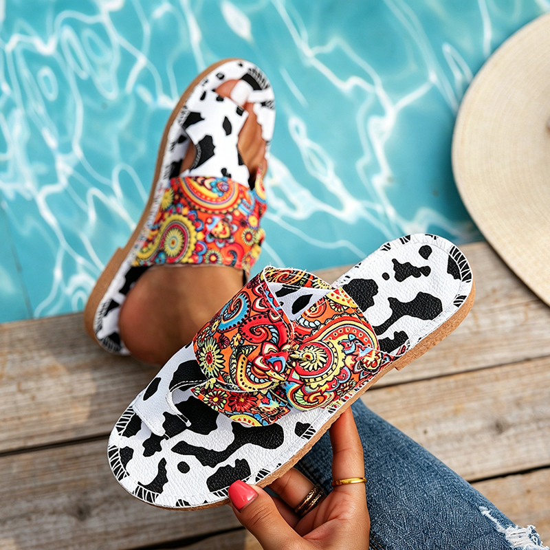 Women's Printed Bow-Detail Open-Toe Flat Slides