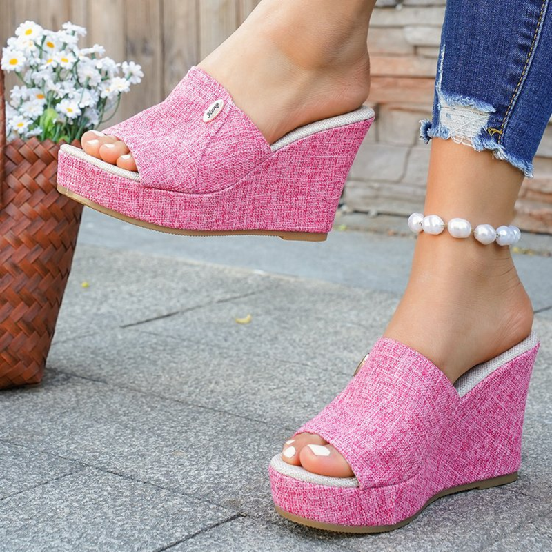 Womens Espadrille Wedge Sandals Open Toe Linen Fabric Platform Slides Slip On High Heel Casual Dress Sandals