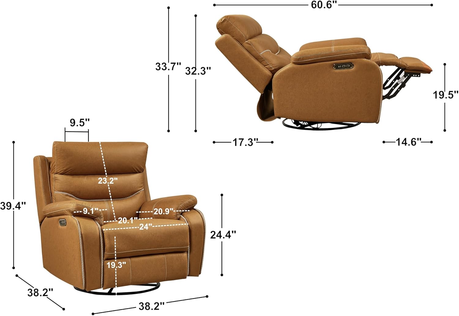 38" Dual Motor Rocking and Swivel Single Sofa Recliner Chair, Power Headrest, Yellow Brown R819636