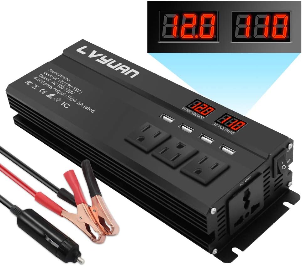 1000W Power Inverter DC 12V to 110V AC Car Power Converter with 4 AC Outlets 4 USB Port and Cigarette Lighter Pack of 2 M963