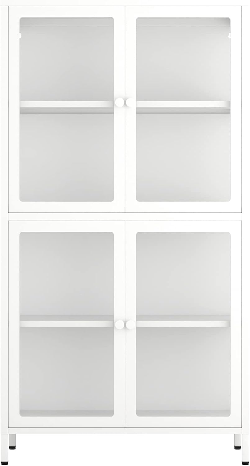 4-Door White Tempered Glass Storage Cabinet with Adjustable Shelves T118