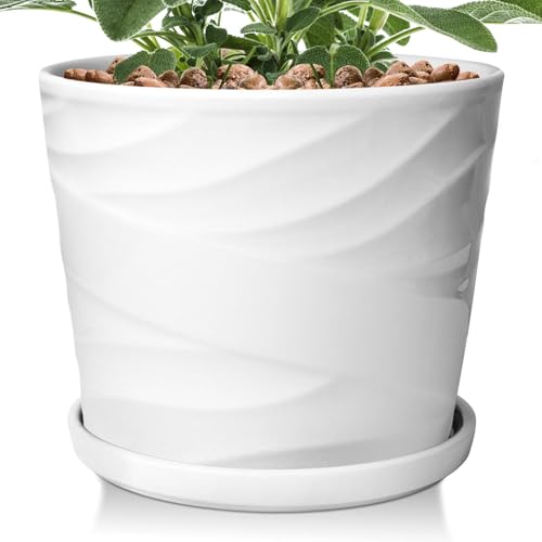 Gray White 8 Inch Ceramic Plant Pot with Drainage and Saucer L843