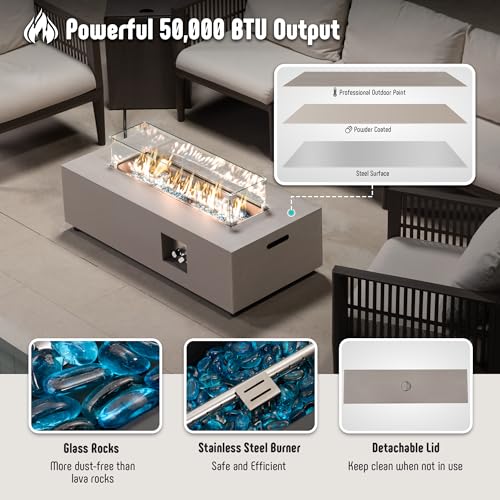 Propane Fire Pit Table Set with Tank Holder, 50,000 BTU Outdoor Firepit Table, Wind Guard & Glass Stones, Rectangular Fire Table X946485