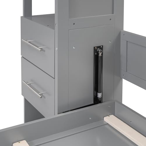 Gray Queen Size Wood Wall Bed with Shelves and Drawers T2974