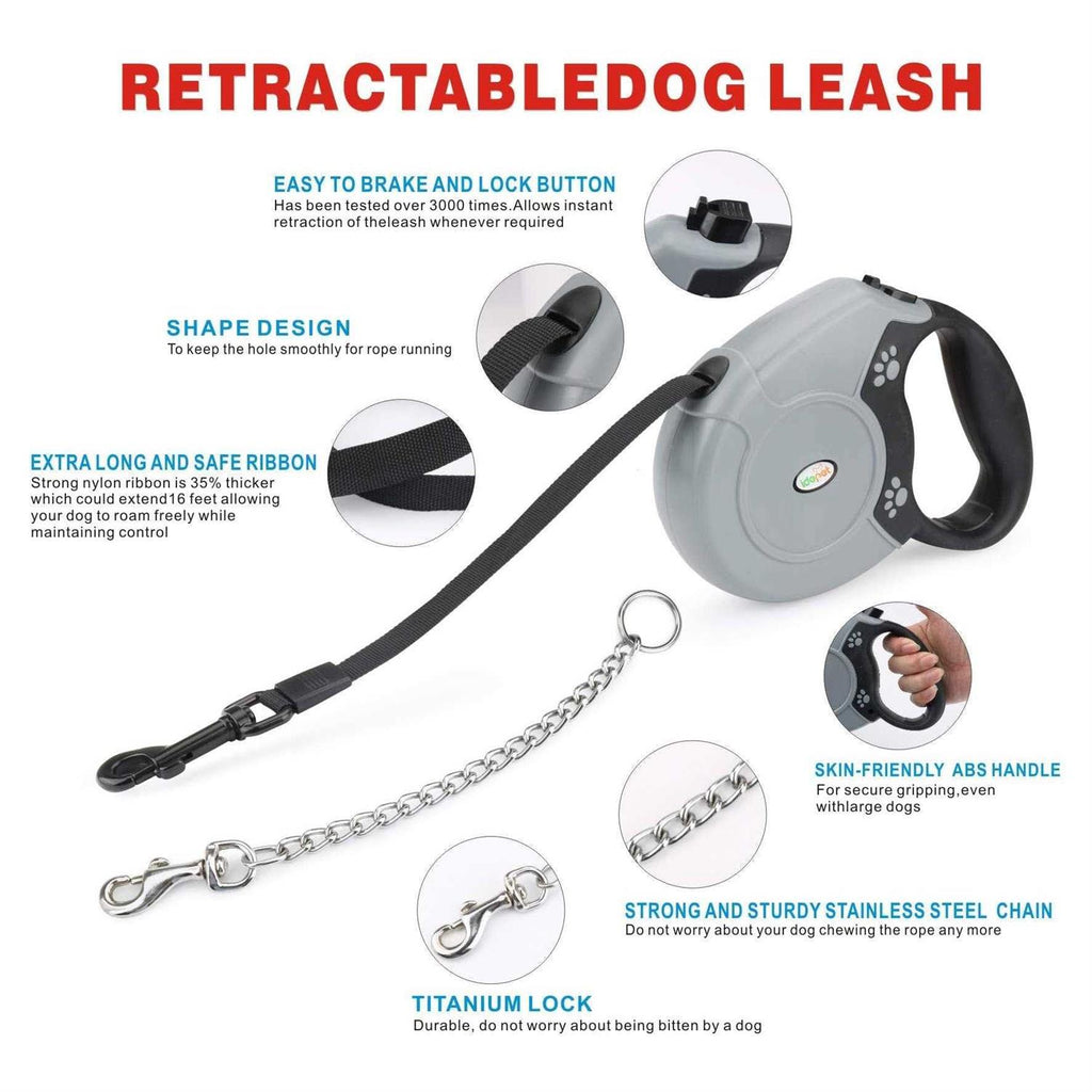 16ft Retractable Dog Leash with Anti-Chewing Steel Chain F478