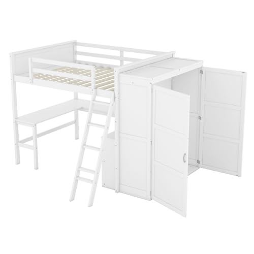Grey Twin Size Solid Wood Loft Bed with Desk and Wardrobe X3353