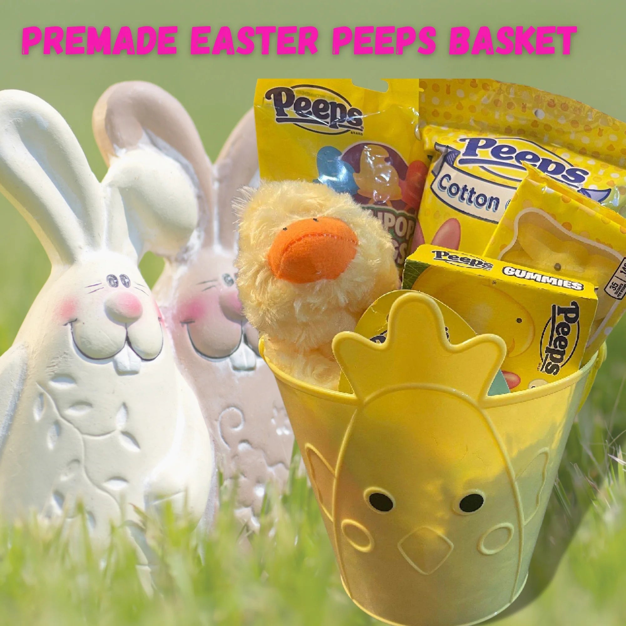Yellow Duck Plush Toy Cotton Candy Lollipops Rings Gummies Chicks Marshmallow Lip Balm Reusable Bucket Gift Basket S524670