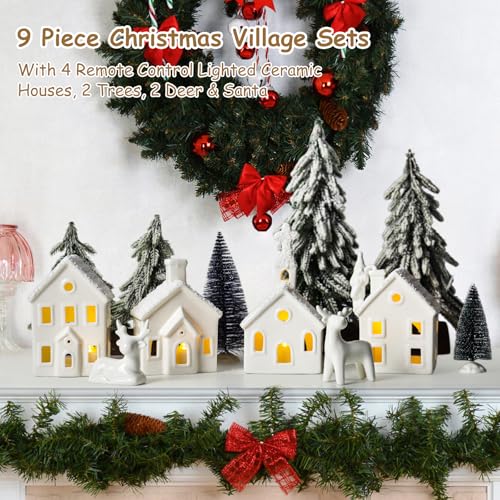 9 Piece Christmas Village Sets with 4 Remote Control Lighted Ceramic Houses, 2 Trees, 2 Deer & Santa L236147