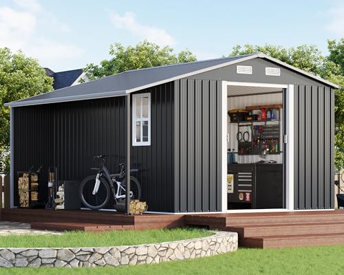 Dark Grey/White Metal Storage Shed with Sliding Doors F3841