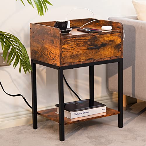 3-Tier Nightstand Set of 2 with Charging Station and Drawer, Oak Grey S985