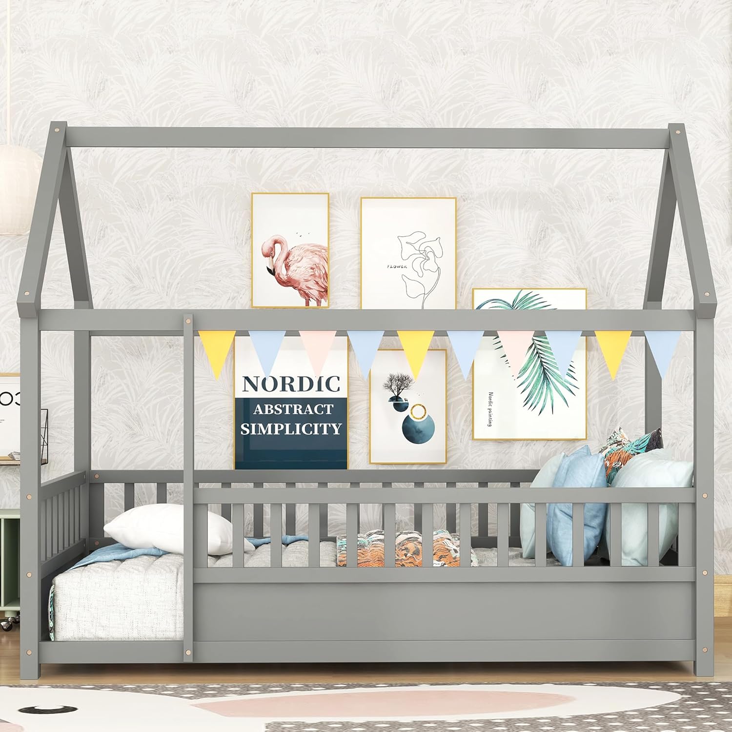 Twin Size House Bed with High Fence M1423