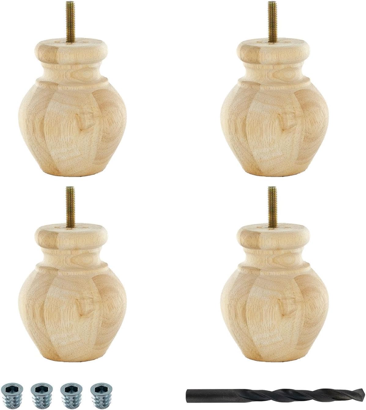 4 Pack Unfinished Solid Hardwood Round Bun Foot I477