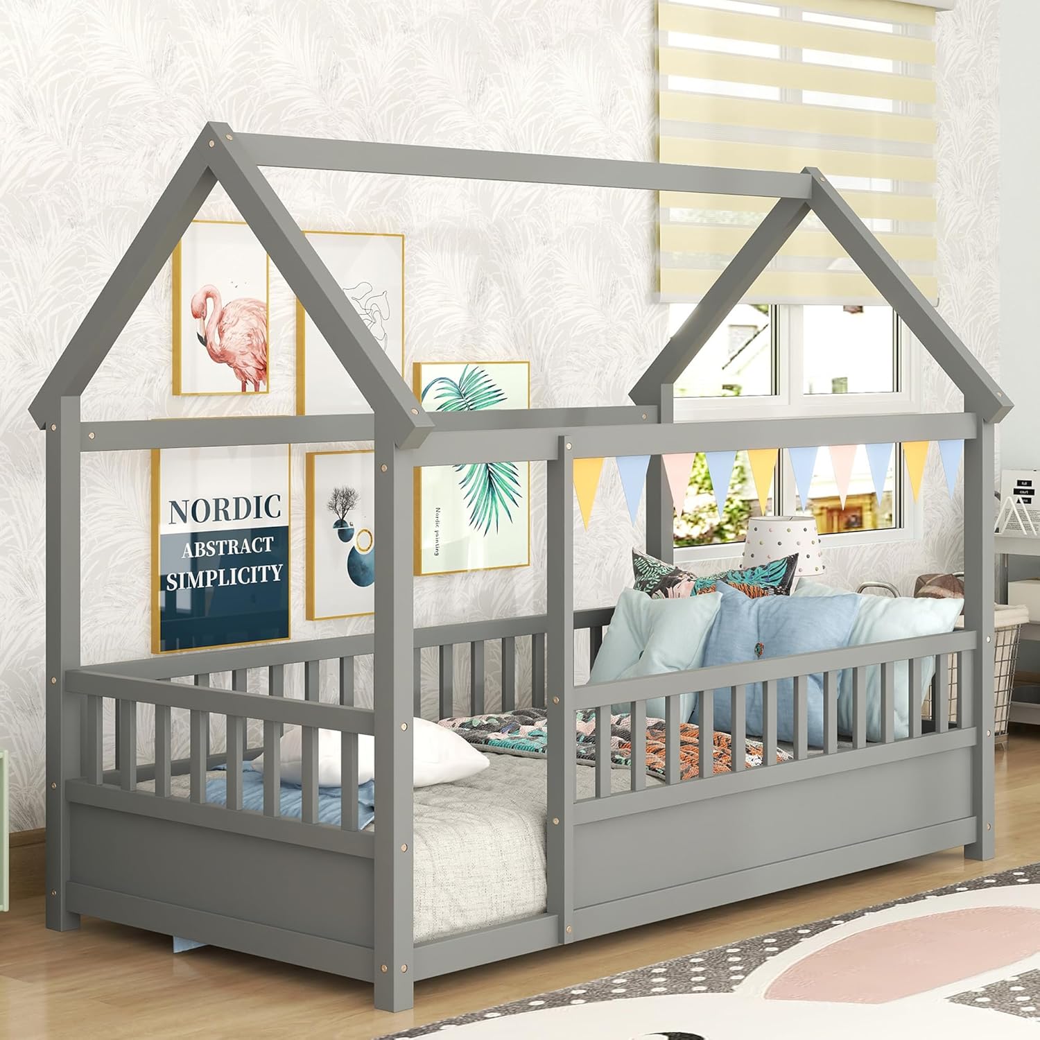 Twin Size House Bed with High Fence M1423