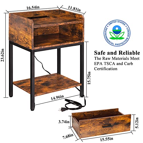 3-Tier Nightstand Set of 2 with Charging Station and Drawer, Oak Grey S985