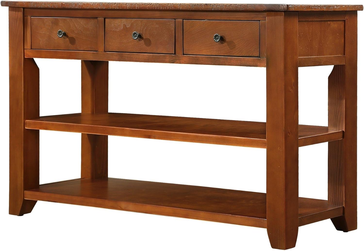 Long Console Table with 3 Storage Drawers and Double Bottom Open Shelves, 50" W x 16" D x 30" H, Brown S5136