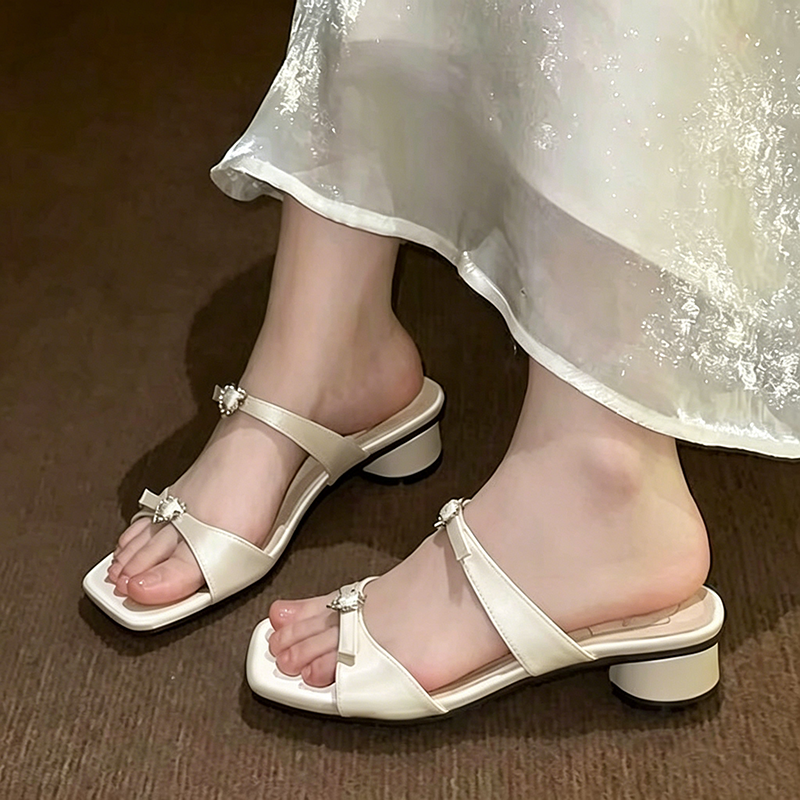 Women's Square-Toe Low-Heel Satin Mules with Rhinestone Embellishment