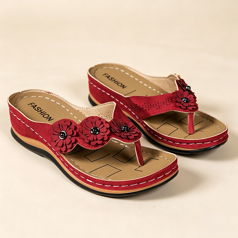 Women's 3D Flower Decor Faux Suede Wedge Flip Flops