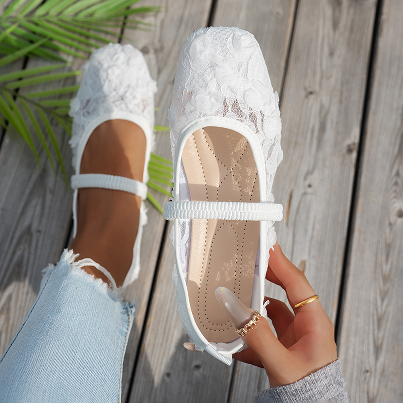 Women's Lace Floral Mesh Everyday Flats – Comfortable Elastic Ankle Strap