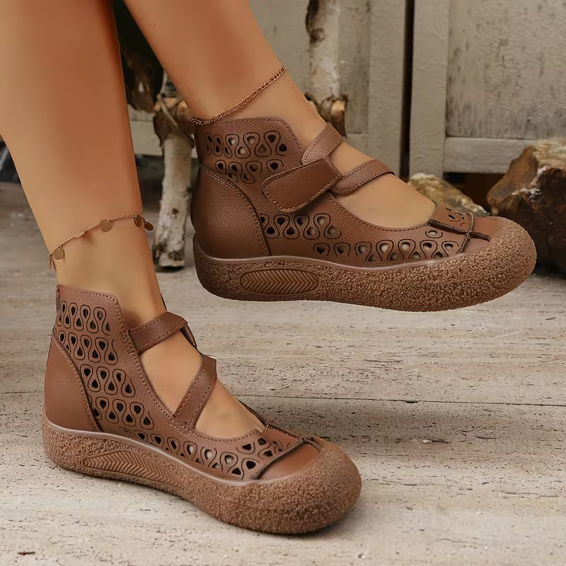 Women Retro Leather Cutout Mary Jane Shoes - Comfortable Breathable Wedge Sandals