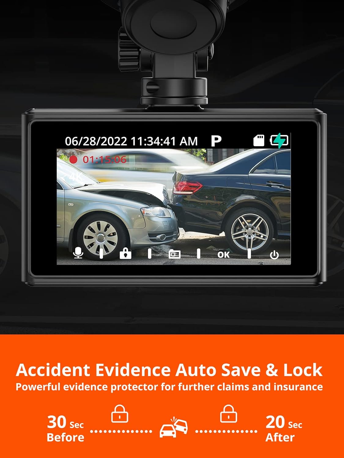 4K Front and Rear Dual Dash Cam with WiFi, Night Vision, Black Z848754