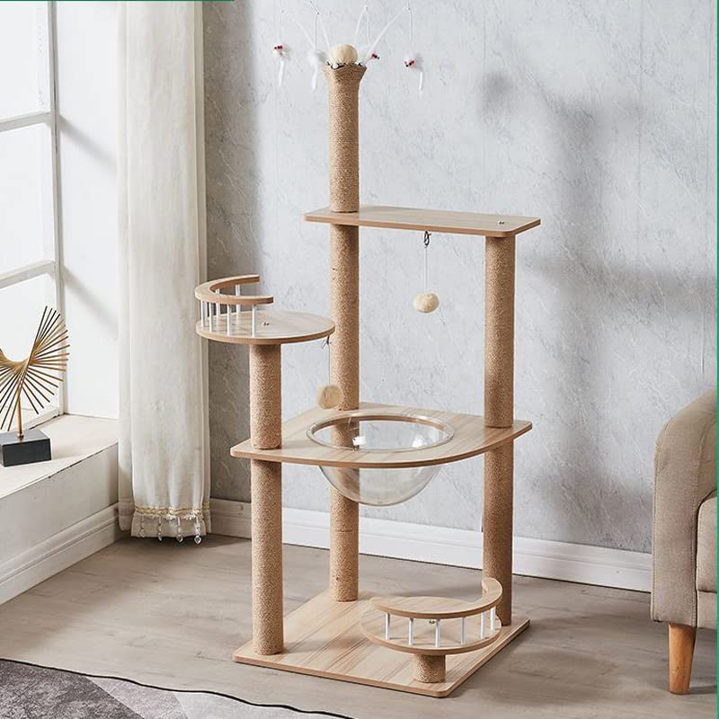 Wooden Large Cat Tree Floor to Ceiling Cat Tower Height Adjustable with Natural Sisal Rope Scratching Post Cozy Bed N546105