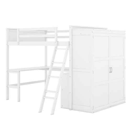 Grey Twin Size Solid Wood Loft Bed with Desk and Wardrobe X3353