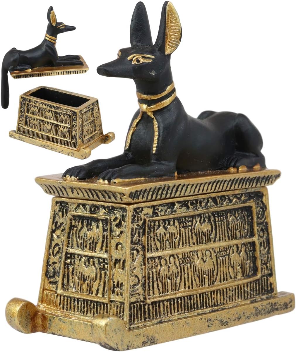 Black And Gold Finish Anubis Dog Cartouche Box Figurine Y6137