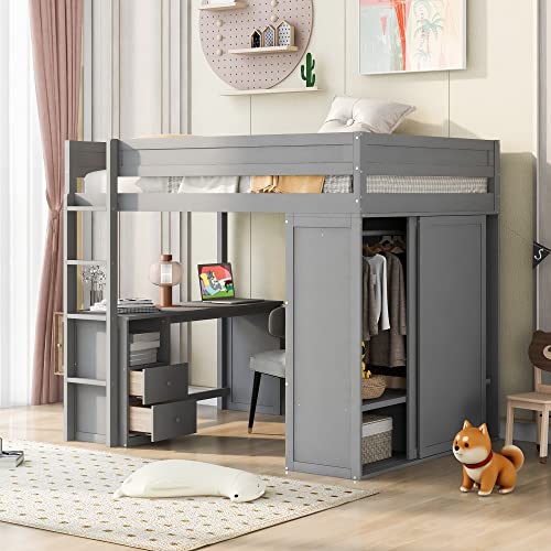 White Full Size Wooden Loft Bed with Storage Wardrobe and Desk A3242