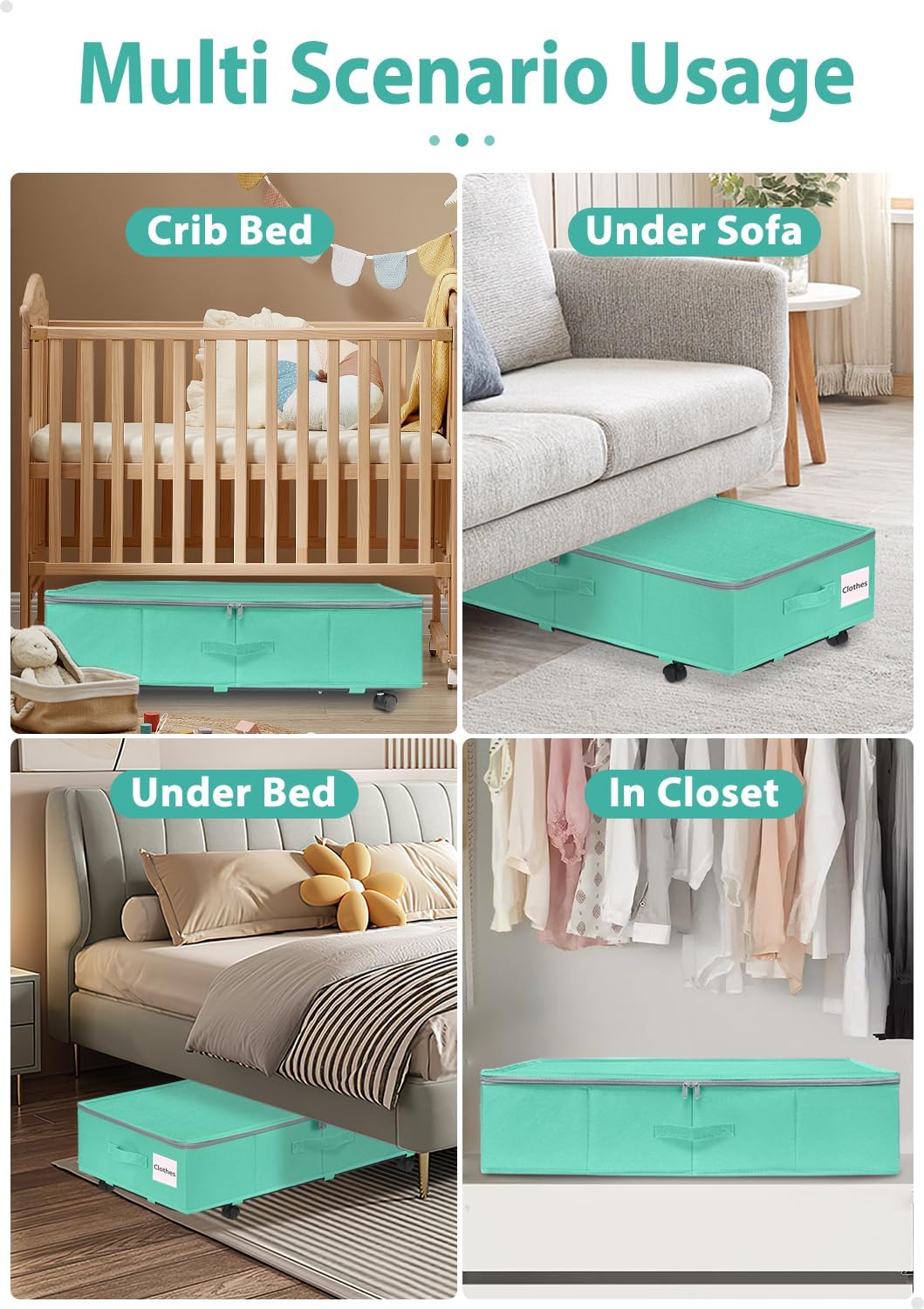 Teal Blue Under Bed Storage Containers with Wheels, 2 Pack Large Foldable Z945031