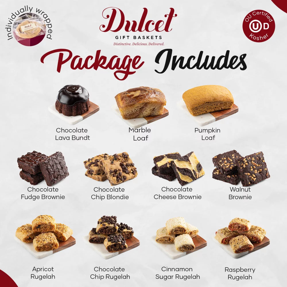 Assorted Bakery Gift Basket with Chocolate Lava Bundt, Chocolate Brownies, Pumpkin and Marble Loaf, and Assorted Rugelach K5287