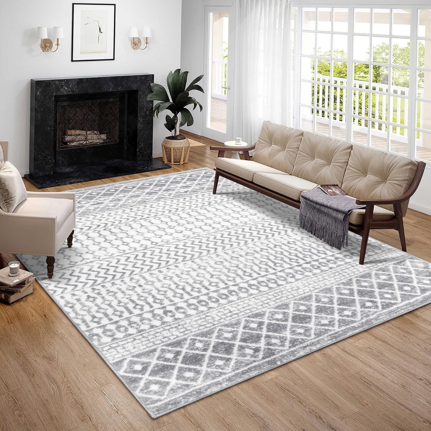 Moroccan Area Rug 8x10, Soft Non-Slip Low-Pile Washable Distressed Rug X8756