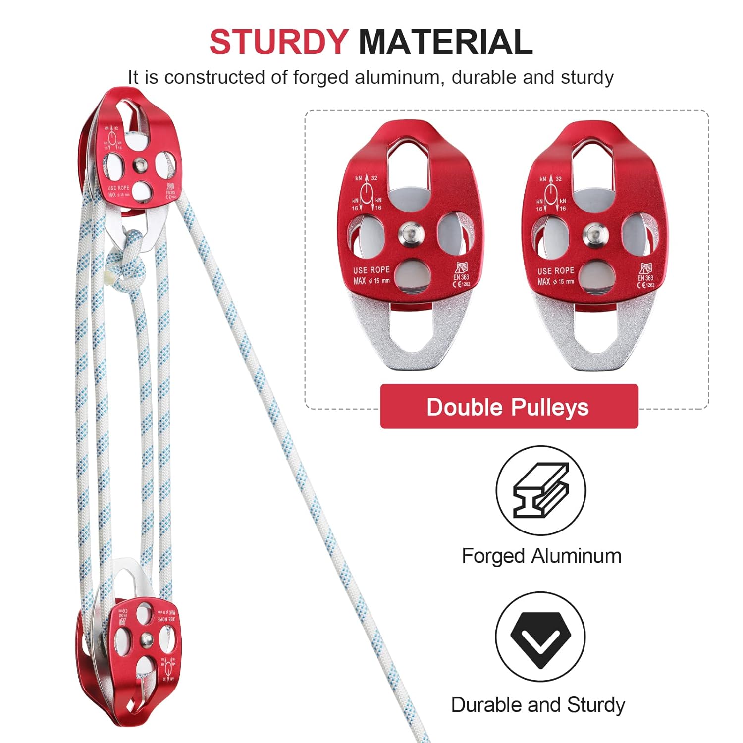 Twin Sheave Block and Tackle with Braid Rope 150Ft 30-35KN Capacity Double Pulley Rigging Rope N303