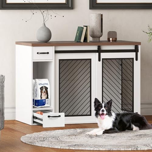 White 85" Sliding Door Double Dog Crate Kennel Furniture with 4 Dog Bowls and Drawer A254