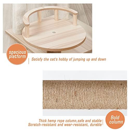 Wooden Large Cat Tree Floor to Ceiling Cat Tower Height Adjustable with Natural Sisal Rope Scratching Post Cozy Bed N546105