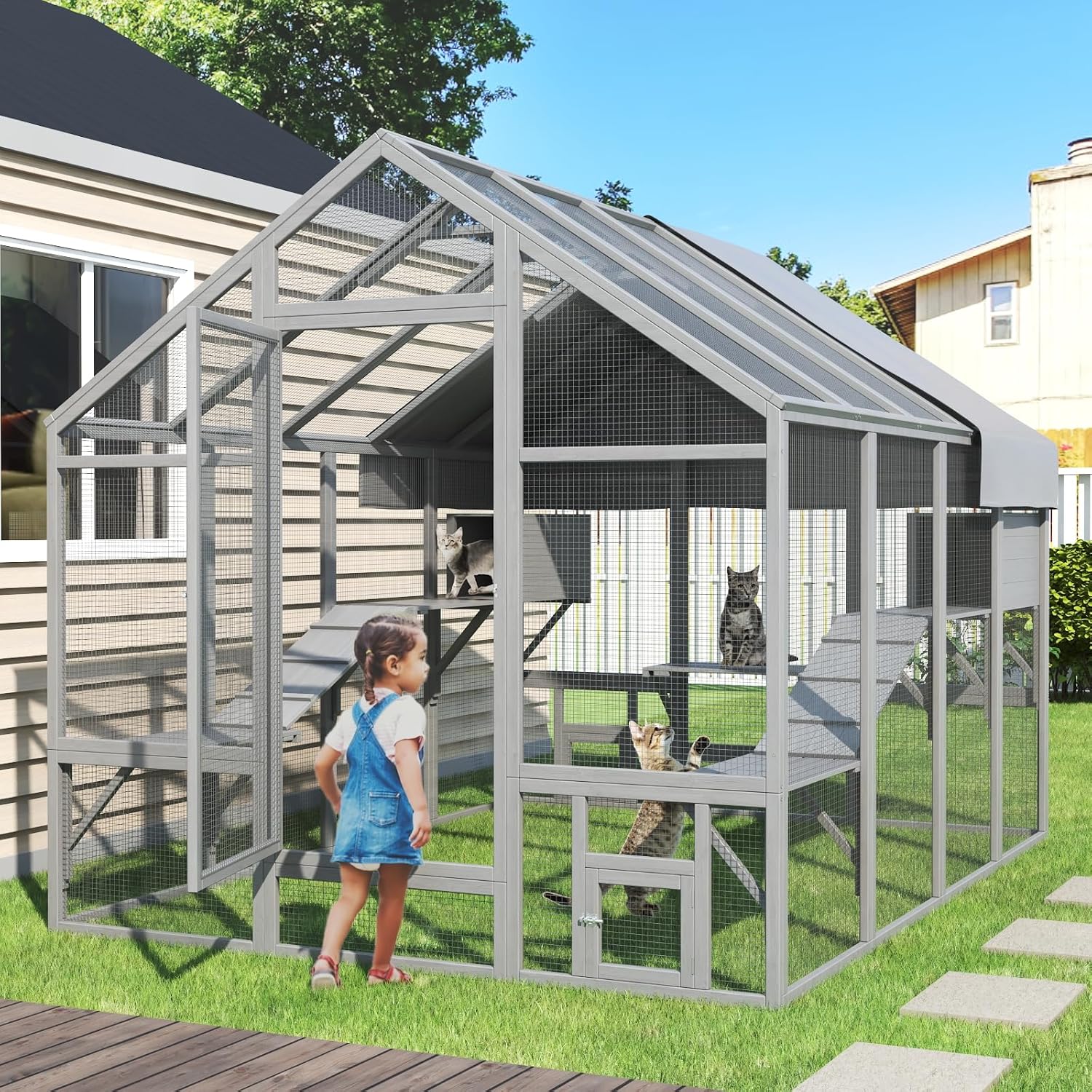 Large Catio Outdoor Cat Enclosure with 7 Platforms, 2 Resting Box and 2 Bridges, 71 x 71 x 97 inch E54075