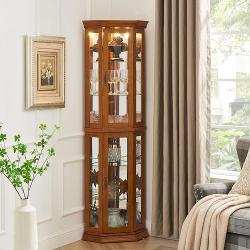 Corner Curio Cabinet with Tempered Glass Shelves, Mirrored Back, Cherry W4820