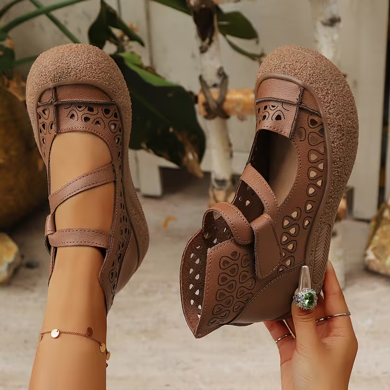 Women Retro Leather Cutout Mary Jane Shoes - Comfortable Breathable Wedge Sandals