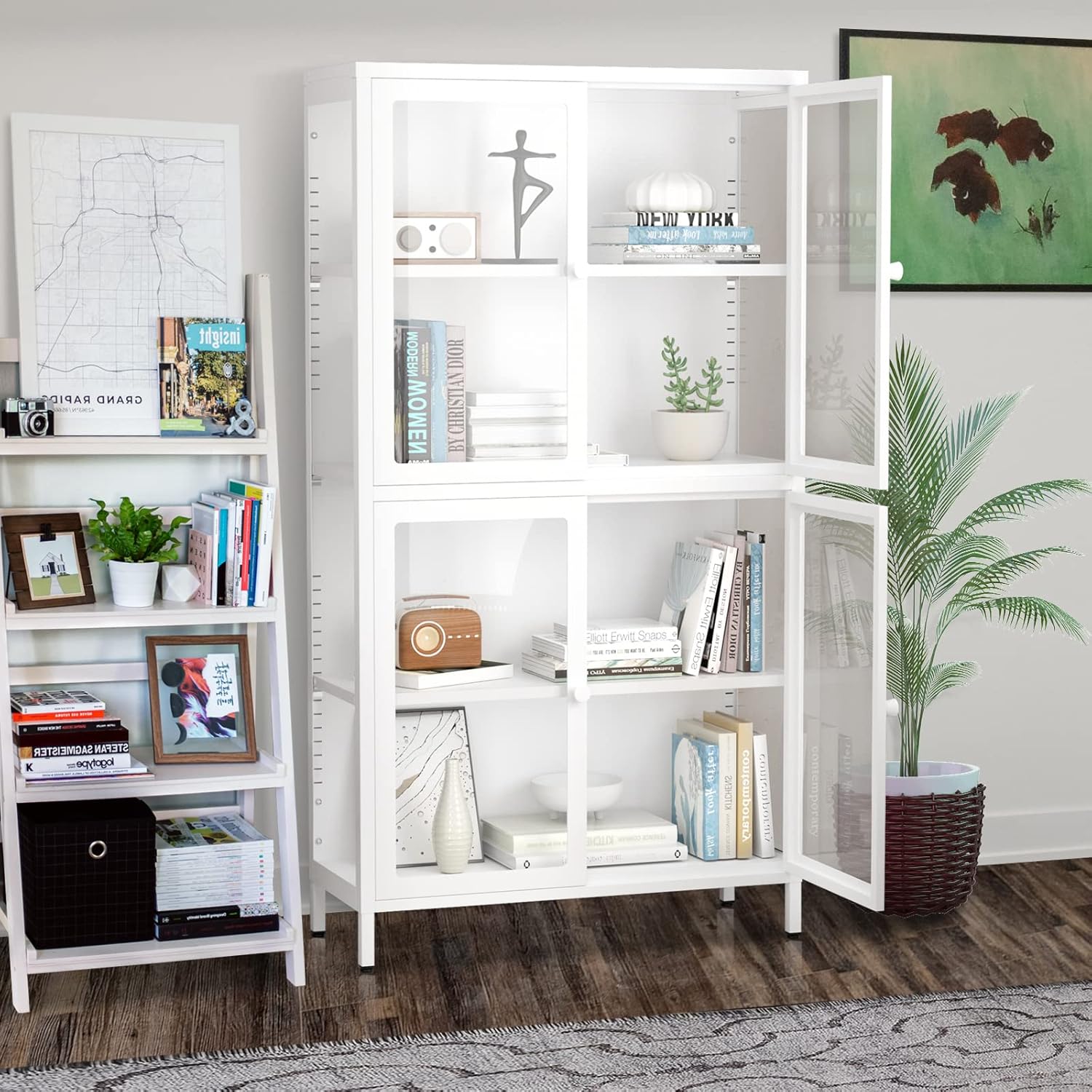 4-Door White Tempered Glass Storage Cabinet with Adjustable Shelves T118