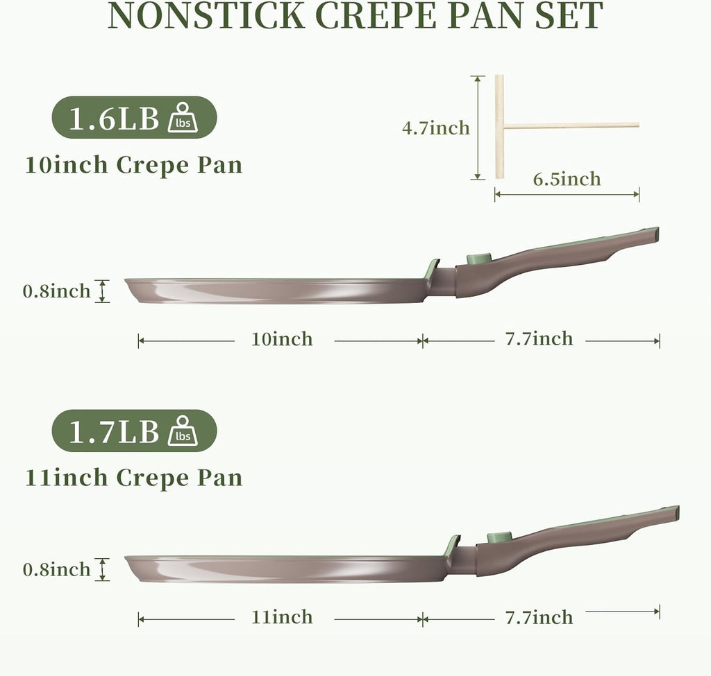 Green Nonstick Crepe Pan Set with Spreader 10&11Inch Detachable Handle I4117