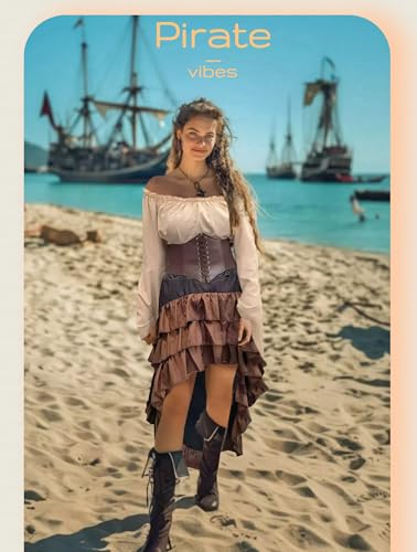Beige+Brown Women Pirate Costume with Shirt Skirt Corset Waist Belt F553138
