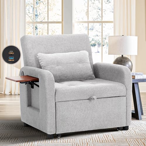 Lightgrey Fabric Convertible Sleeper Sofa Bed with USB Port S908185