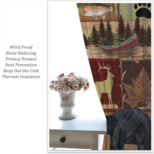 Rustic Bear Moose Deer Curtains, Retro Pine Tree Cabin Country Lodge Camping Window Treatments Vintage Tribal Aztec Abstract Geometric Blackout Window Drapes 42x63in Z10765