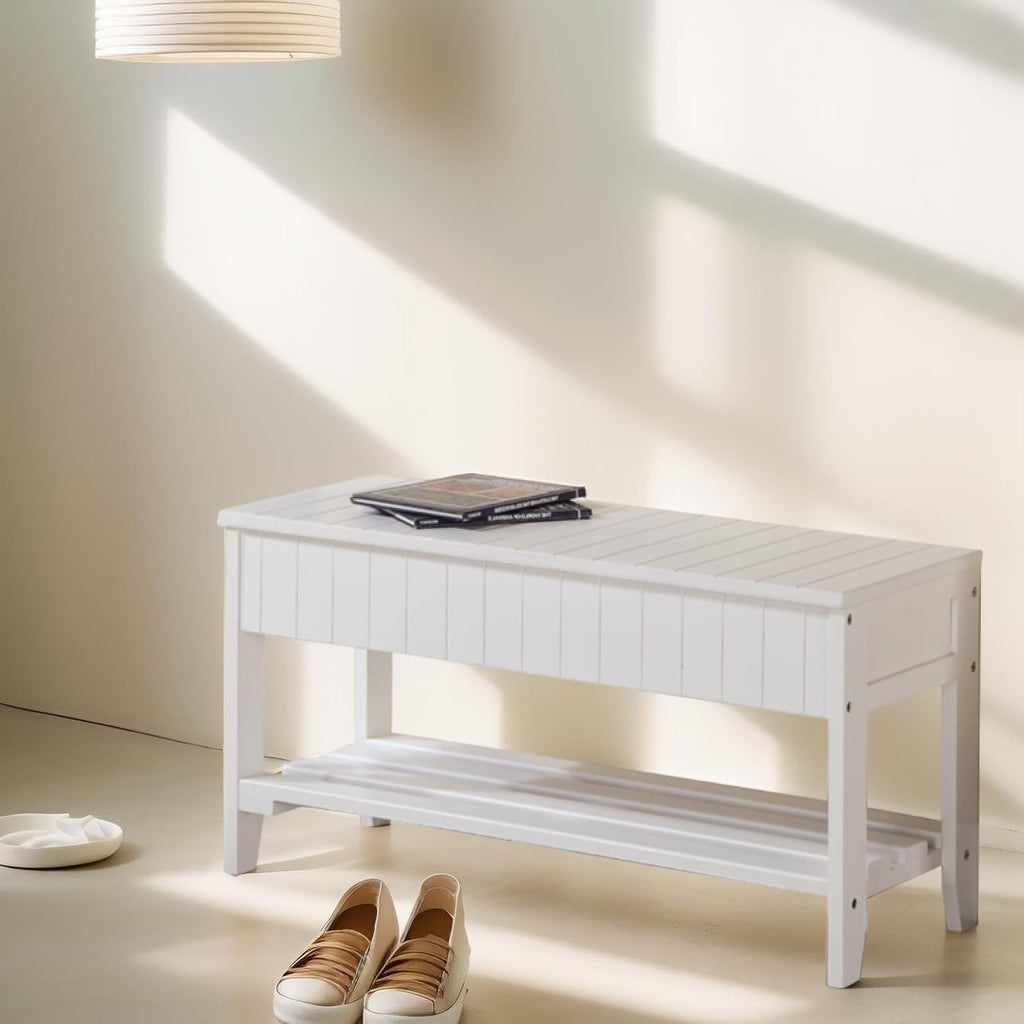 White Solid Wood Storage Bench with Open Shelves W193