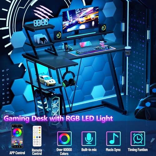 L Shaped Gaming Desk with LED Lights & Power Outlet, 47 Inch Computer Desk with Extra Storage Shelves, Reversible Gamer Workstations with Monitor Stand, Carbon Fiber Black G926