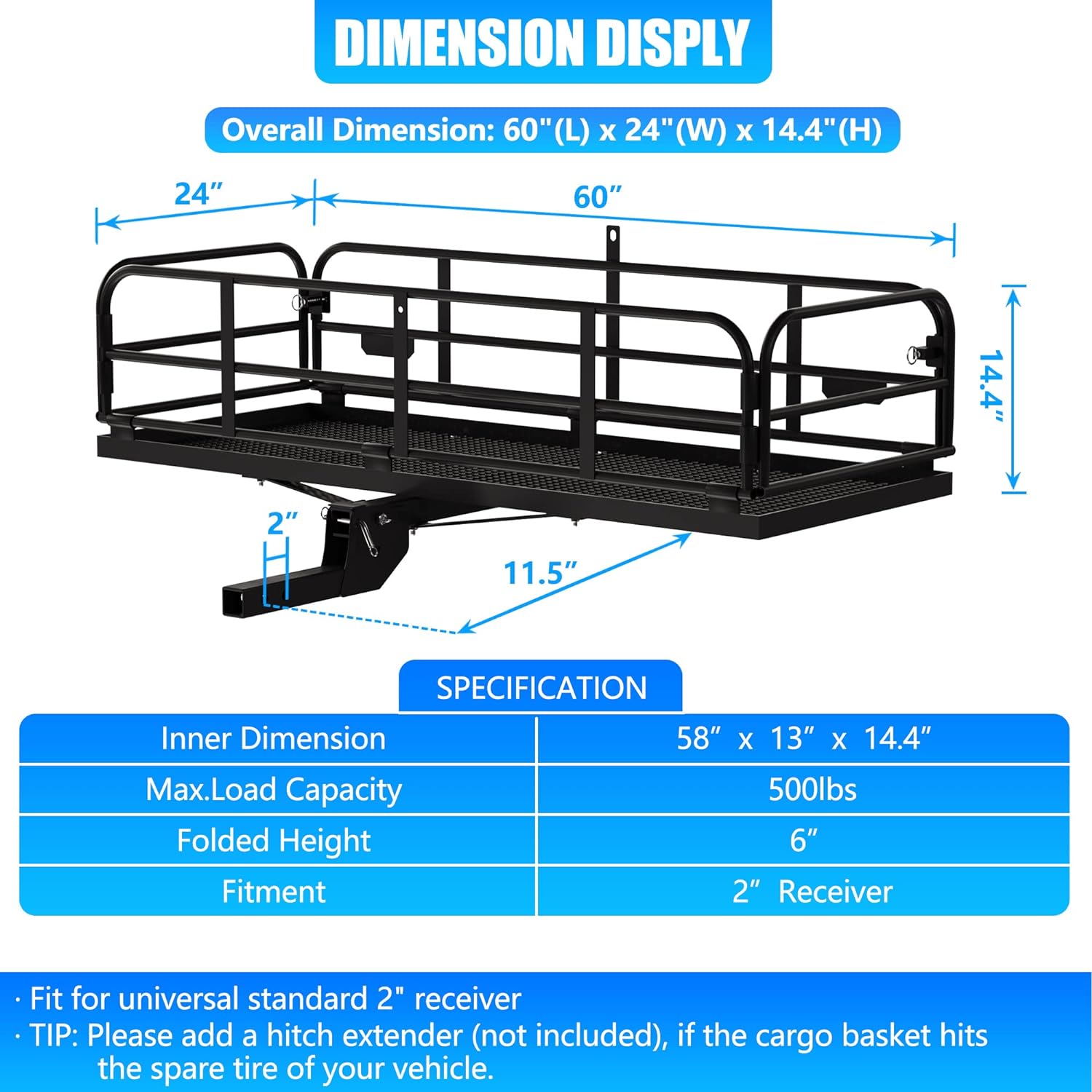 500 Lbs Heavy Duty Folding Hitch Mount Cargo Carrier 60"x24"x14.4" for 2" Receiver Q5248