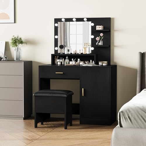 White Vanity Desk with Mirror and Lights and Drawer G773493