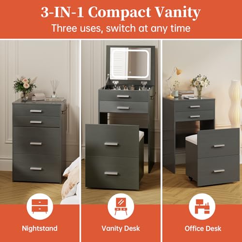 White 3 Drawer Vanity Desk with Mirror and Stool R740783