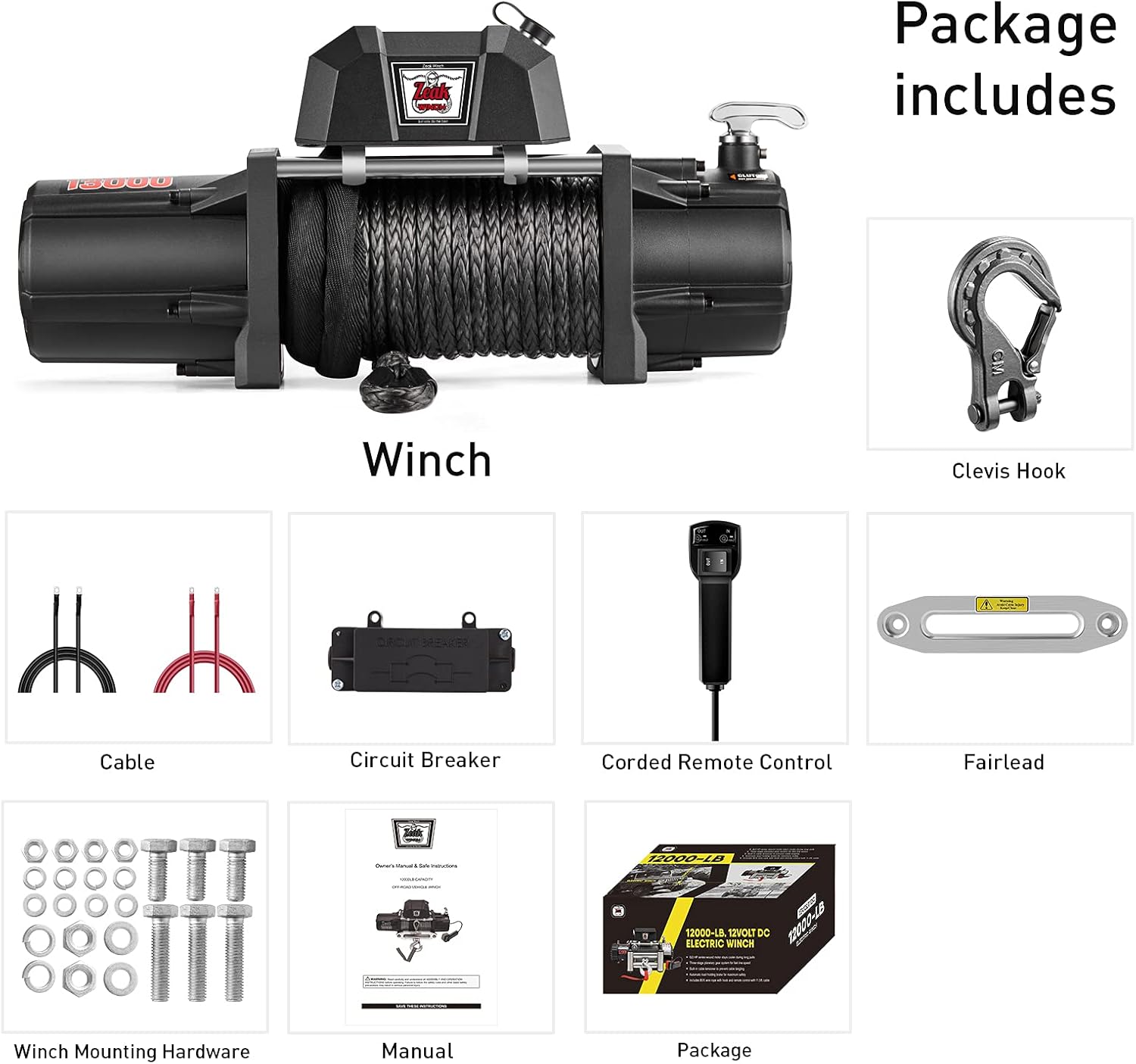 13000 lb. Electric Winch 12V Waterproof Synthetic Rope S996