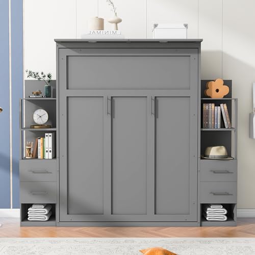 Gray Queen Size Wood Wall Bed with Shelves and Drawers T2974