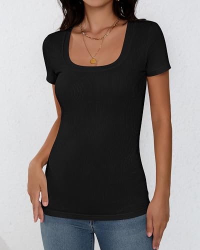 3 Pack Women's Short Sleeve Scooped Neck Ribbed Knit Tee U3881